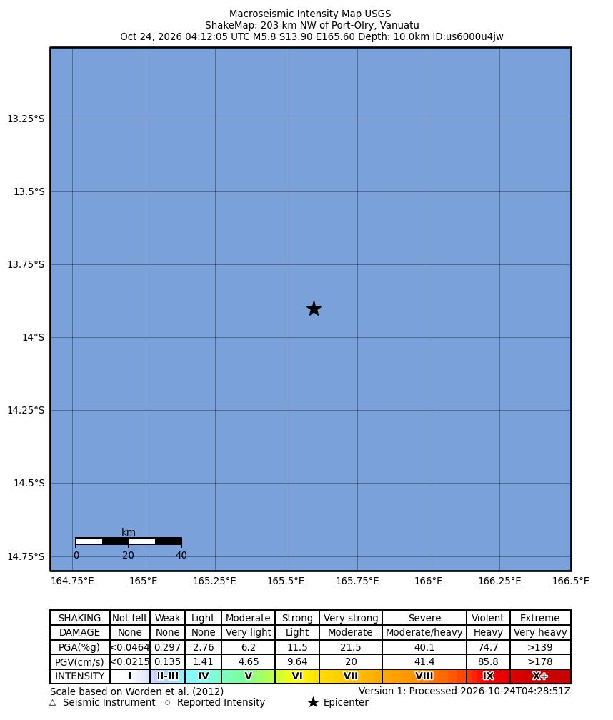 USGS ShakeMap intensity contours for the M5.8 earthquake near 203 km NW of Port-Olry, Vanuatu