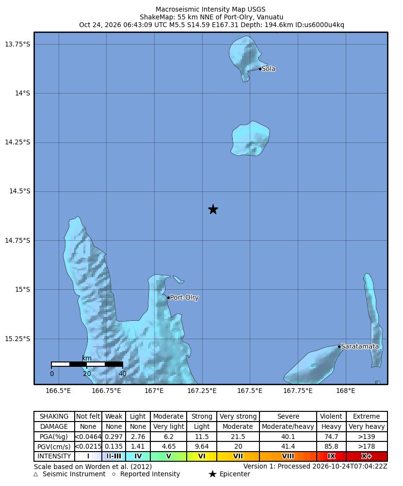 USGS ShakeMap intensity contours for the M5.5 earthquake near 55 km NNE of Port-Olry, Vanuatu