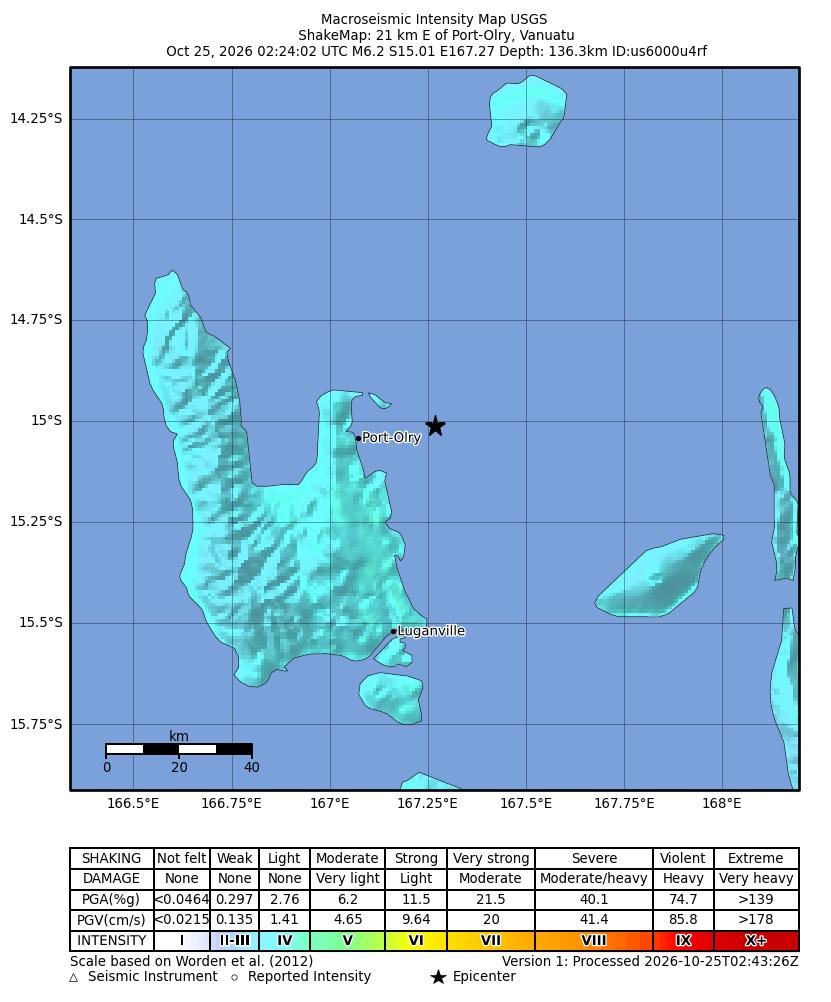 USGS ShakeMap intensity contours for the M6.2 earthquake near 21 km E of Port-Olry, Vanuatu