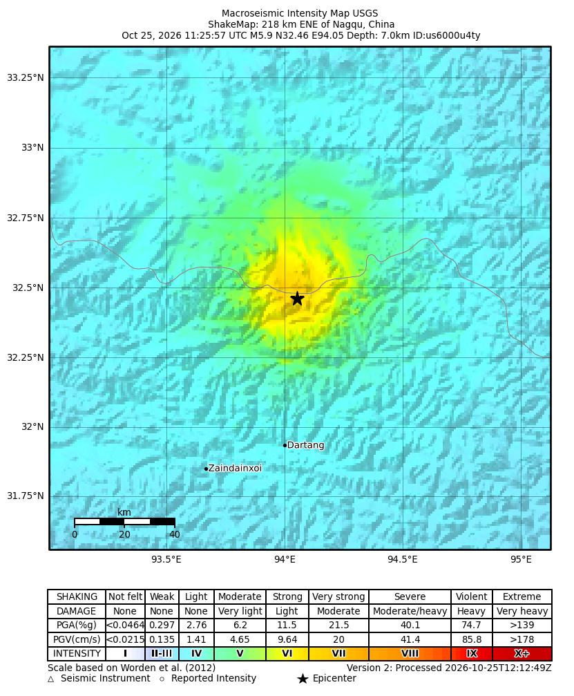 USGS ShakeMap intensity contours for the M5.9 earthquake near 218 km ENE of Nagqu, China
