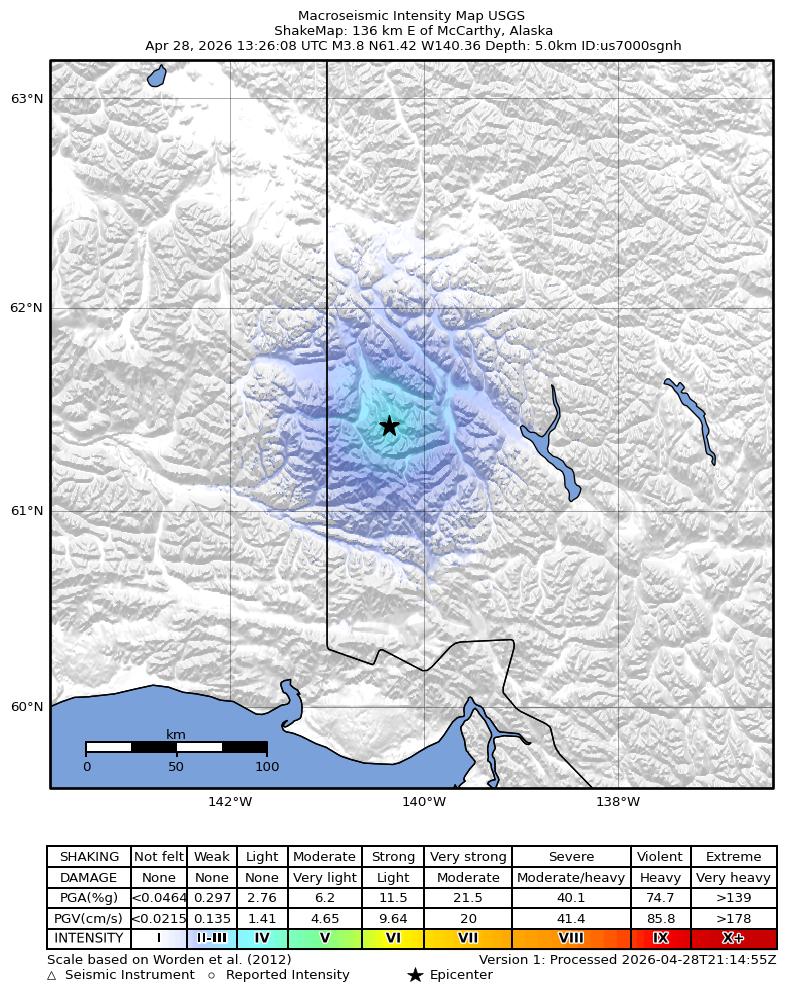 USGS ShakeMap intensity contours for the M3.8 earthquake near 136 km E of McCarthy, Alaska