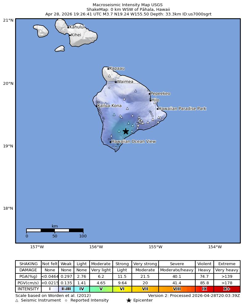 USGS ShakeMap intensity contours for the M3.5 earthquake near 0 km WSW of Pāhala, Hawaii