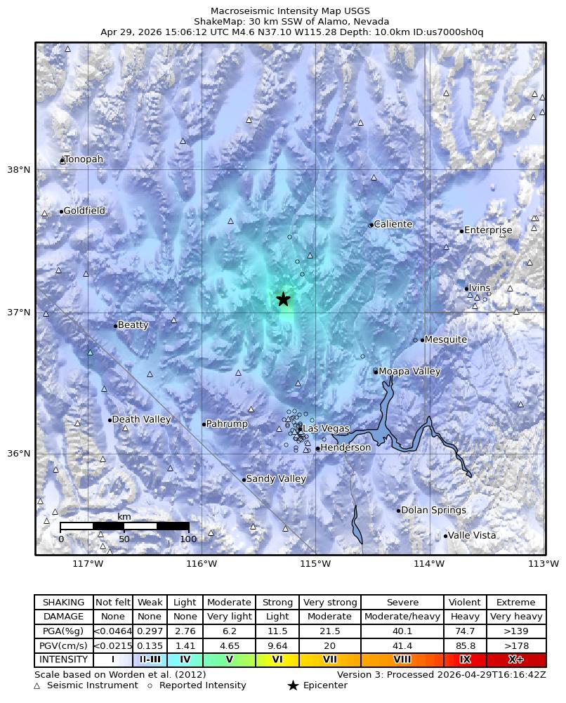 USGS ShakeMap intensity contours for the M4.4 earthquake near 30 km SSW of Alamo, Nevada