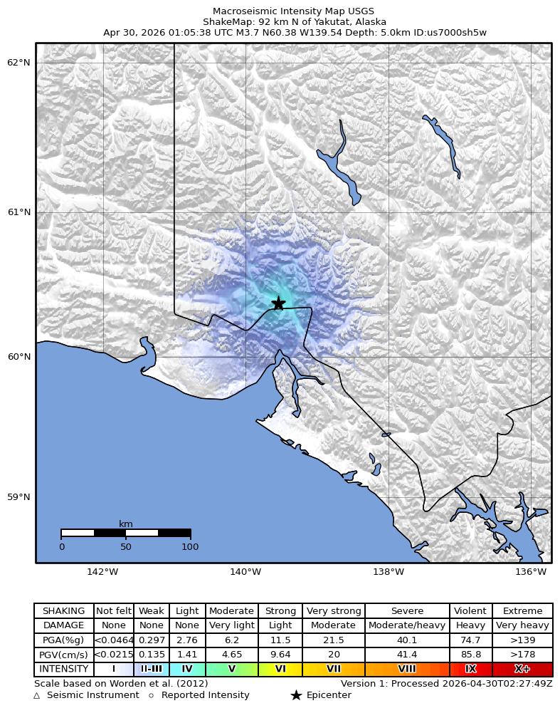 USGS ShakeMap intensity contours for the M3.7 earthquake near 92 km N of Yakutat, Alaska