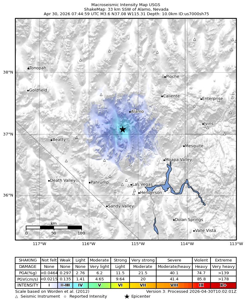 USGS ShakeMap intensity contours for the M3.6 earthquake near 33 km SSW of Alamo, Nevada