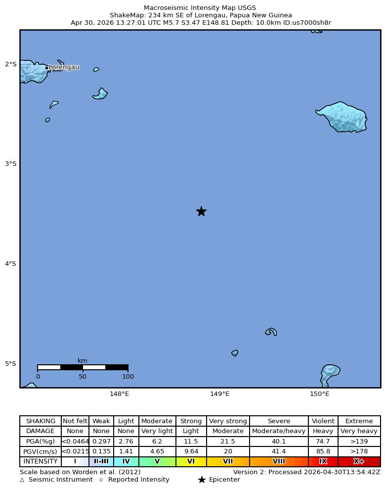 USGS ShakeMap intensity contours for the M5.7 earthquake near 234 km SE of Lorengau, Papua New Guinea
