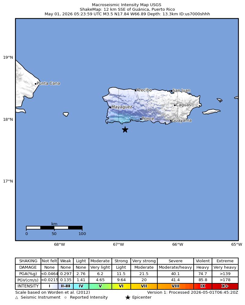 USGS ShakeMap intensity contours for the M3.4 earthquake near 12 km SSE of Guánica, Puerto Rico