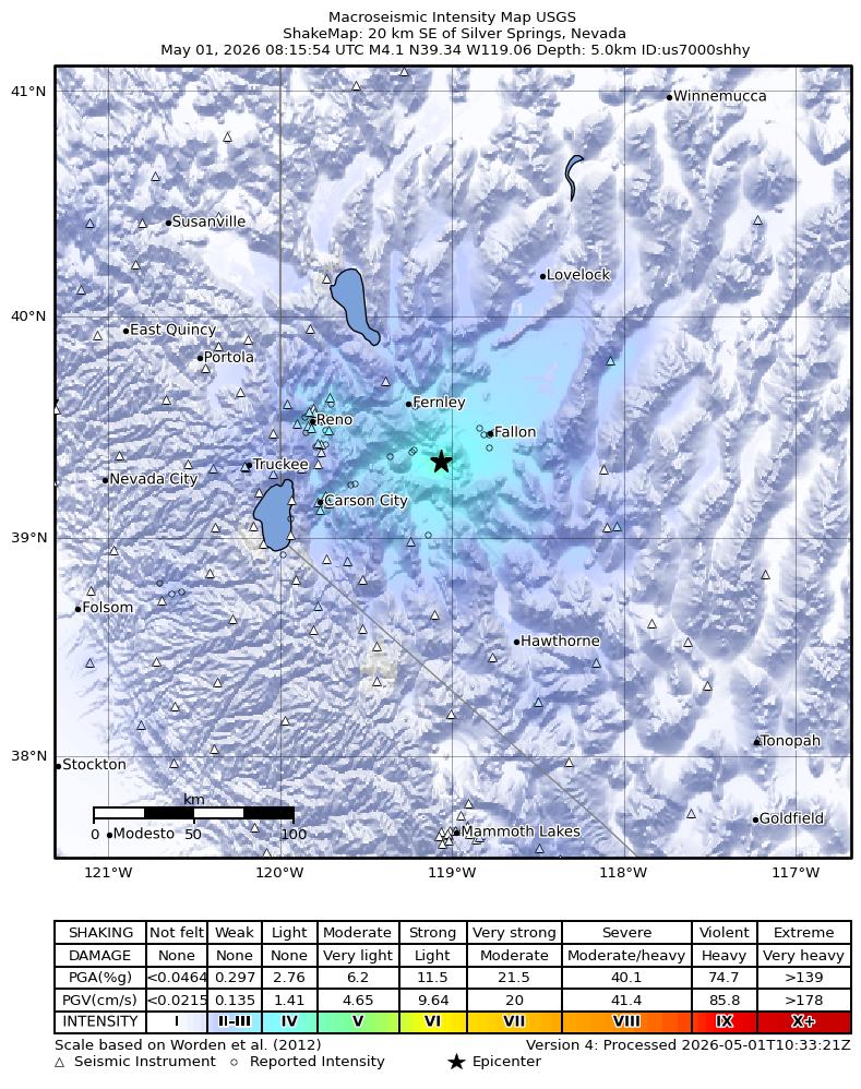 USGS ShakeMap intensity contours for the M4.1 earthquake near 20 km SE of Silver Springs, Nevada