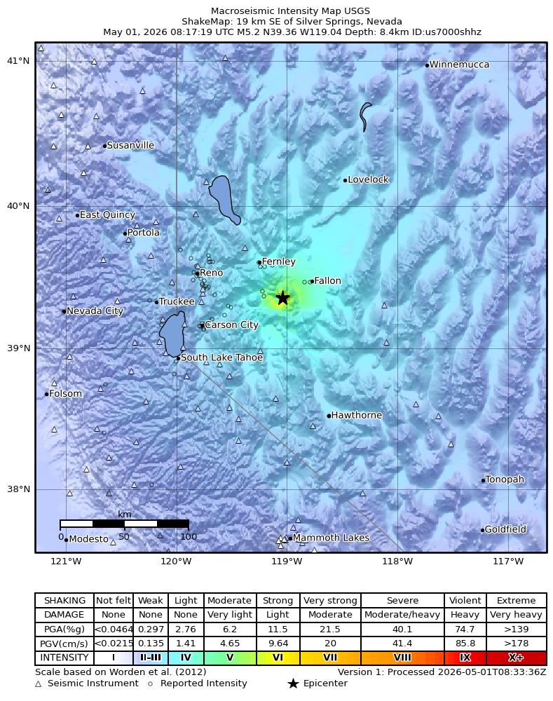 USGS ShakeMap intensity contours for the M4.9 earthquake near 19 km SE of Silver Springs, Nevada