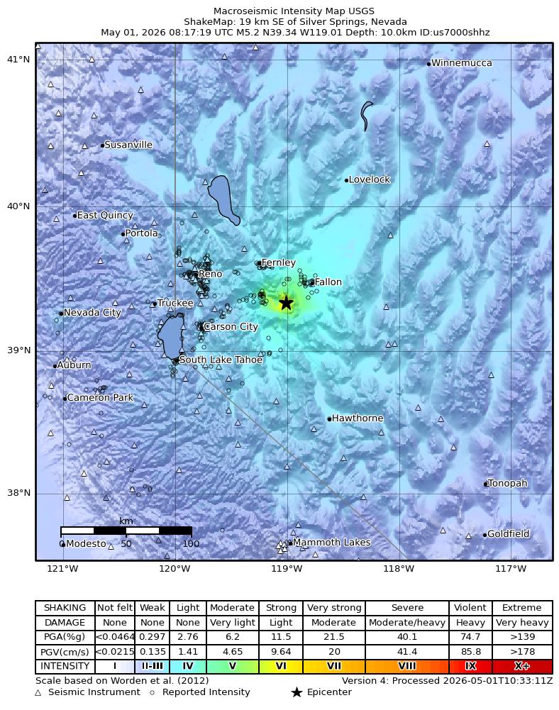 USGS ShakeMap intensity contours for the M4.9 earthquake near 19 km SE of Silver Springs, Nevada