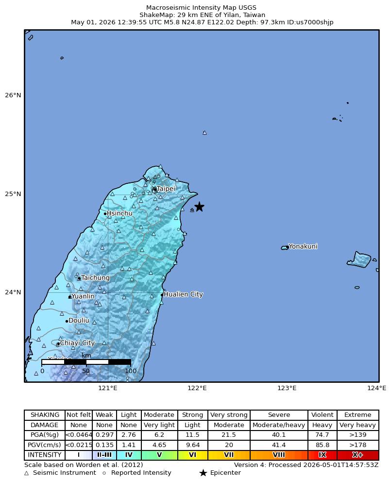 USGS ShakeMap intensity contours for the M5.8 earthquake near 29 km ENE of Yilan, Taiwan