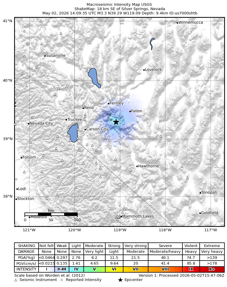 USGS ShakeMap intensity contours for the M3.5 earthquake near 18 km SE of Silver Springs, Nevada