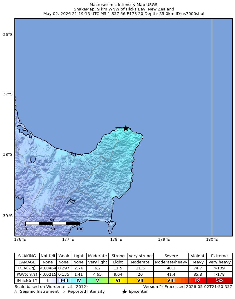 USGS ShakeMap intensity contours for the M5.1 earthquake near 9 km WNW of Hicks Bay, New Zealand