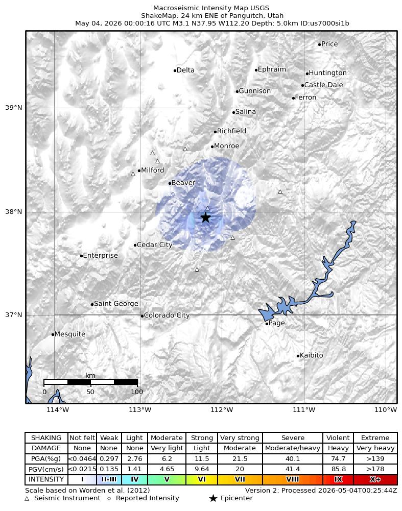 USGS ShakeMap intensity contours for the M3.1 earthquake near 24 km ENE of Panguitch, Utah