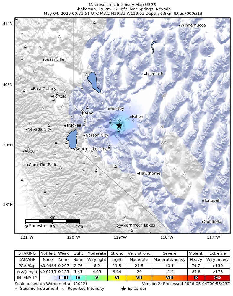 USGS ShakeMap intensity contours for the M3.5 earthquake near 19 km ESE of Silver Springs, Nevada