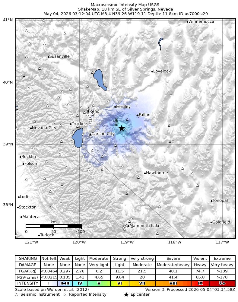 USGS ShakeMap intensity contours for the M3.5 earthquake near 18 km SE of Silver Springs, Nevada