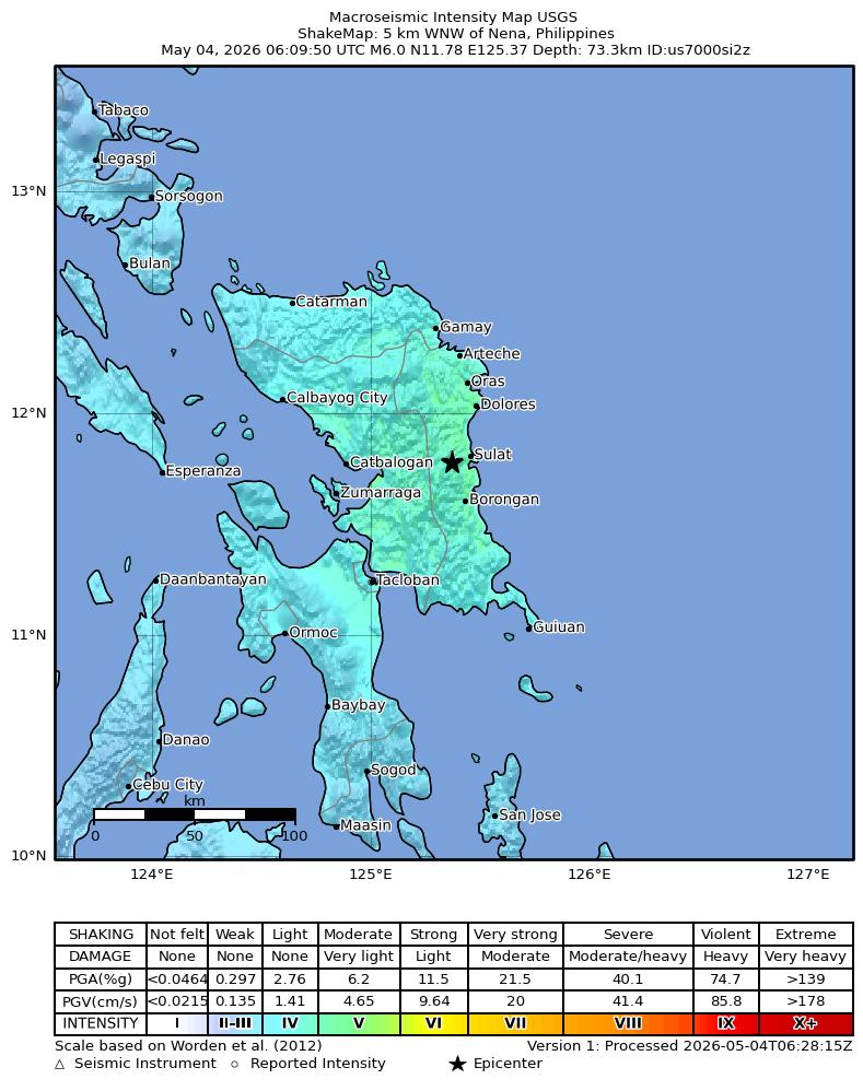 USGS ShakeMap intensity contours for the M6.0 earthquake near 5 km WNW of Nena, Philippines