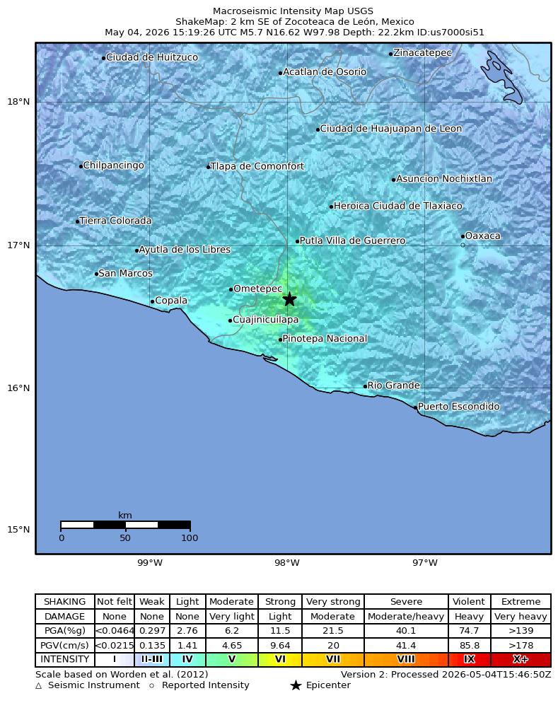 USGS ShakeMap intensity contours for the M5.7 earthquake near 2 km SE of Zocoteaca de León, Mexico