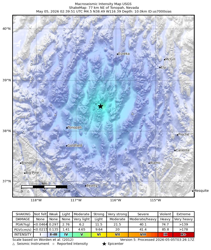 USGS ShakeMap intensity contours for the M4.5 earthquake near 77 km NE of Tonopah, Nevada