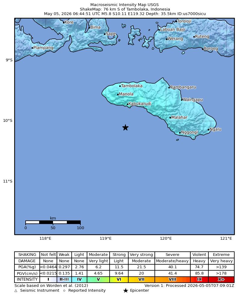USGS ShakeMap intensity contours for the M5.8 earthquake near 76 km S of Tambolaka, Indonesia