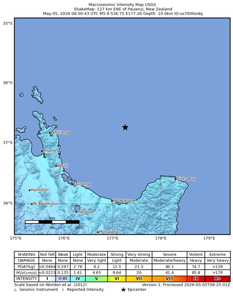 USGS ShakeMap intensity contours for the M5.8 earthquake near 127 km ENE of Pauanui, New Zealand