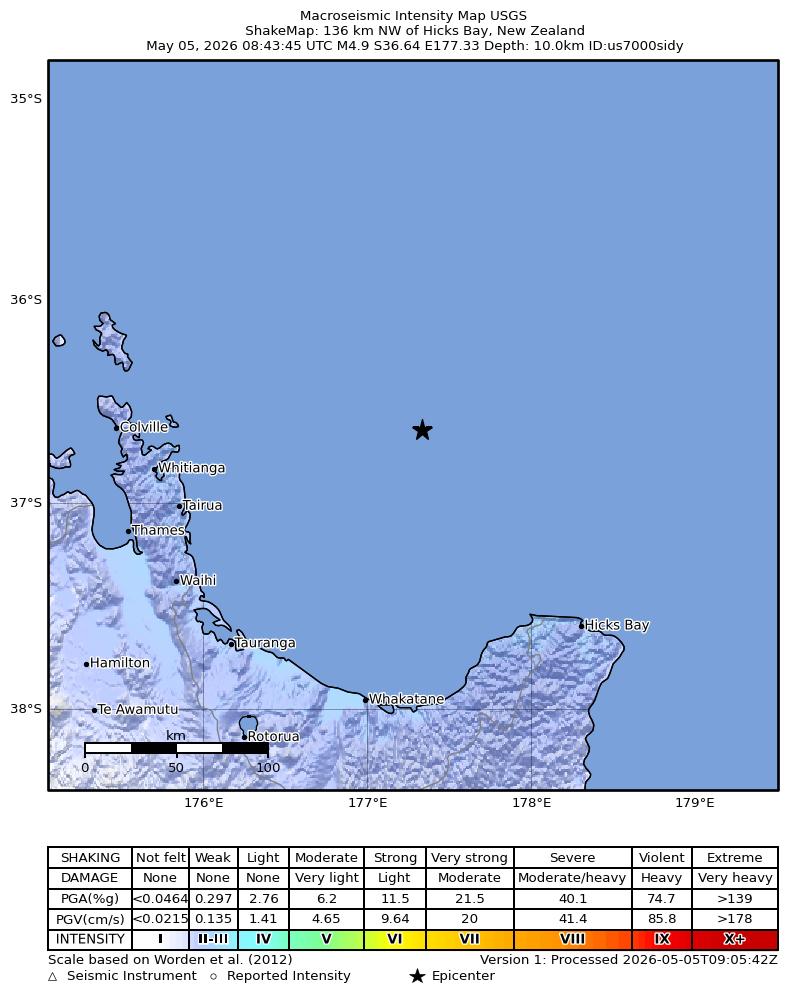 USGS ShakeMap intensity contours for the M4.9 earthquake near 136 km NW of Hicks Bay, New Zealand
