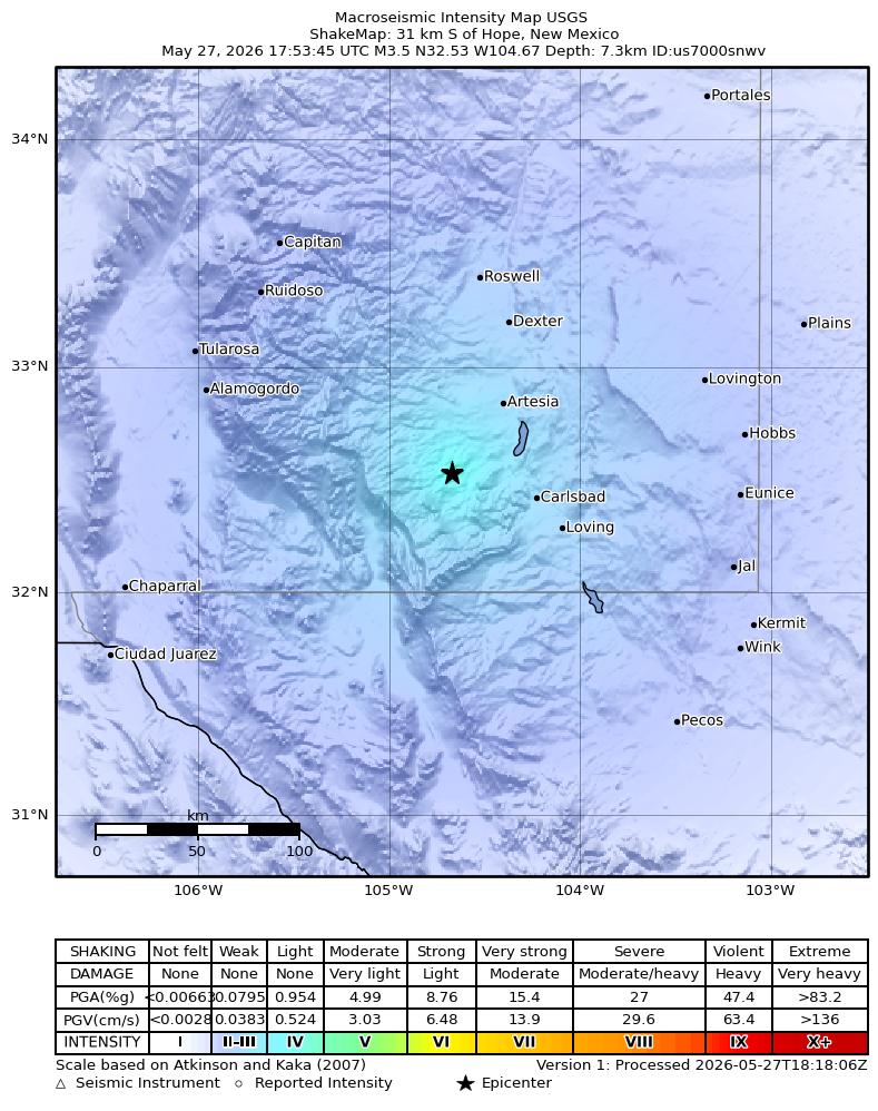 USGS ShakeMap intensity contours for the M3.4 earthquake near 28 km SSE of Hope, New Mexico