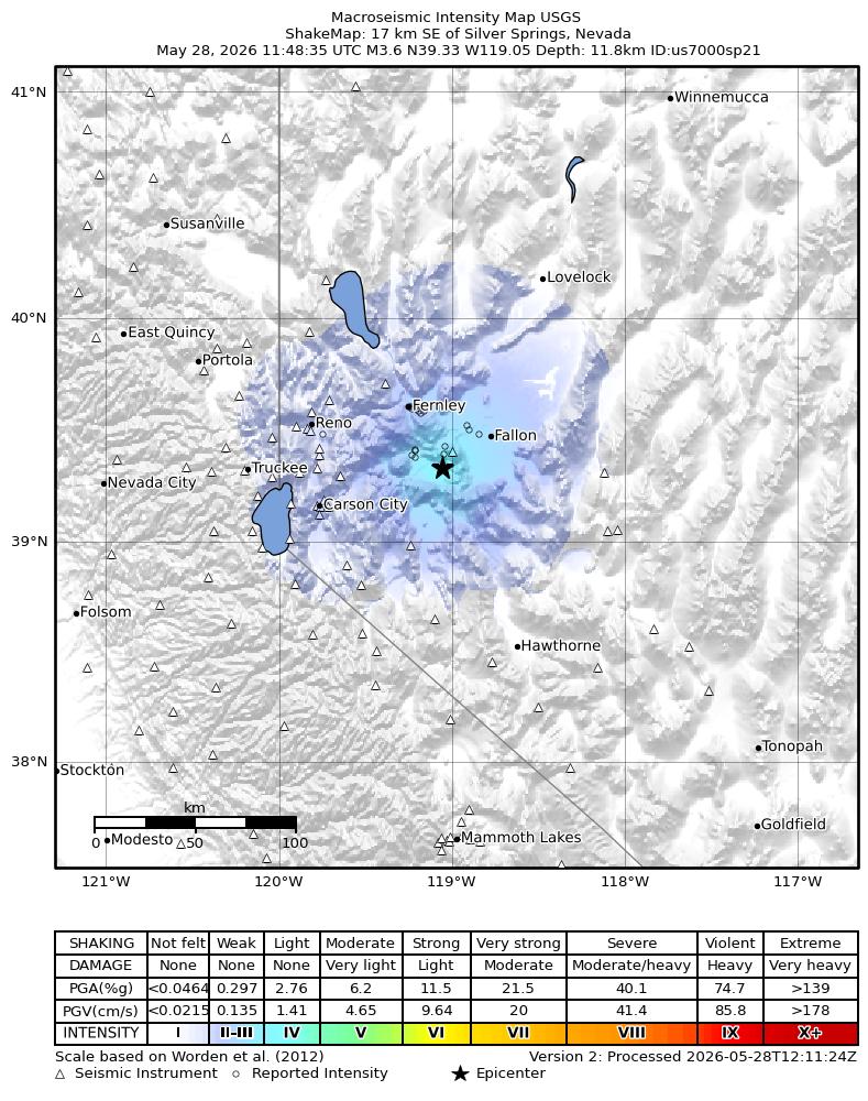 USGS ShakeMap intensity contours for the M3.7 earthquake near 17 km SE of Silver Springs, Nevada