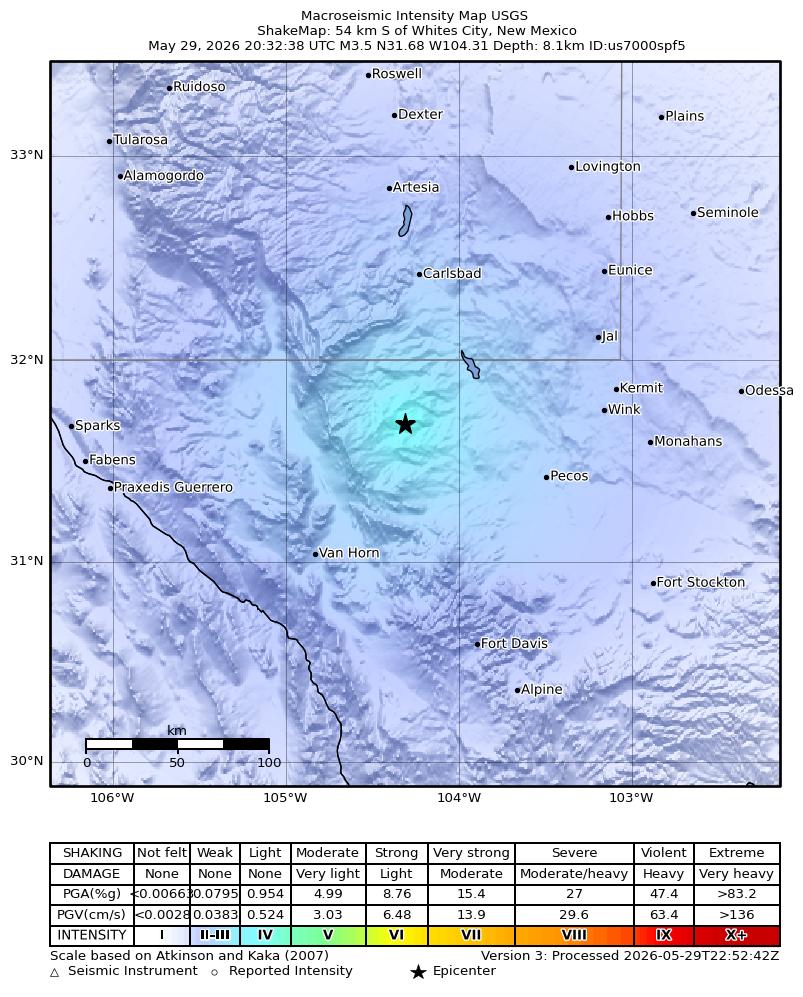 USGS ShakeMap intensity contours for the M3.4 earthquake near 54 km S of Whites City, New Mexico