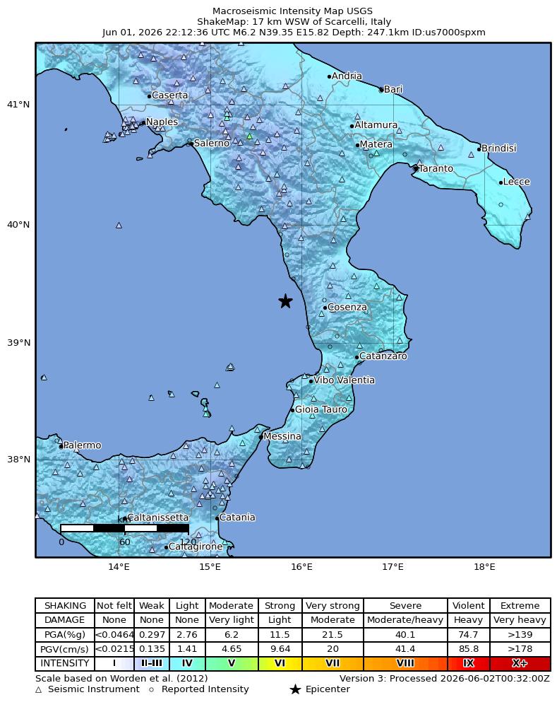 USGS ShakeMap intensity contours for the M6.2 earthquake near 17 km WSW of Scarcelli, Italy