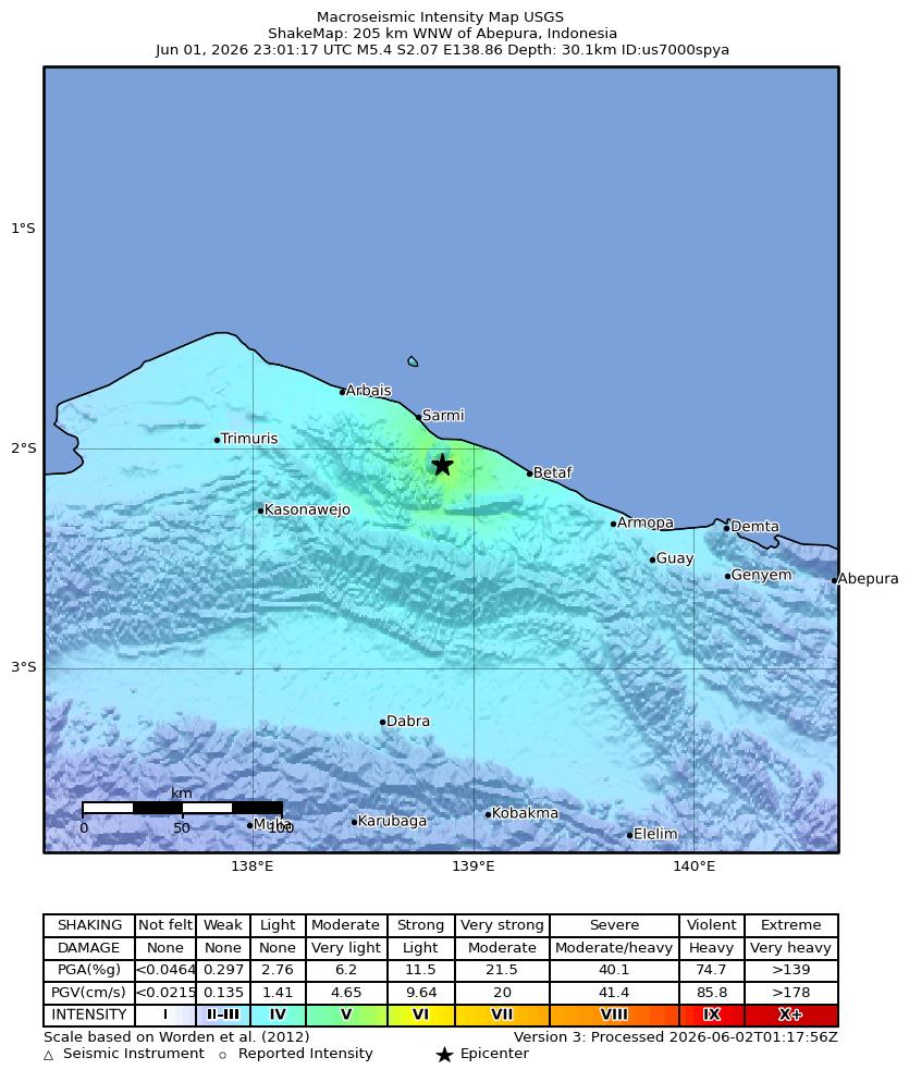 USGS ShakeMap intensity contours for the M5.4 earthquake near 205 km WNW of Abepura, Indonesia
