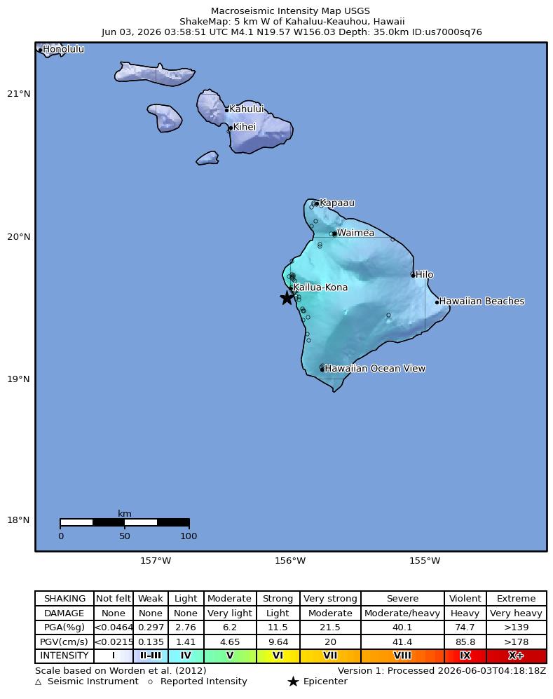 USGS ShakeMap intensity contours for the M4.6 earthquake near 6 km WNW of Kahaluu-Keauhou, Hawaii