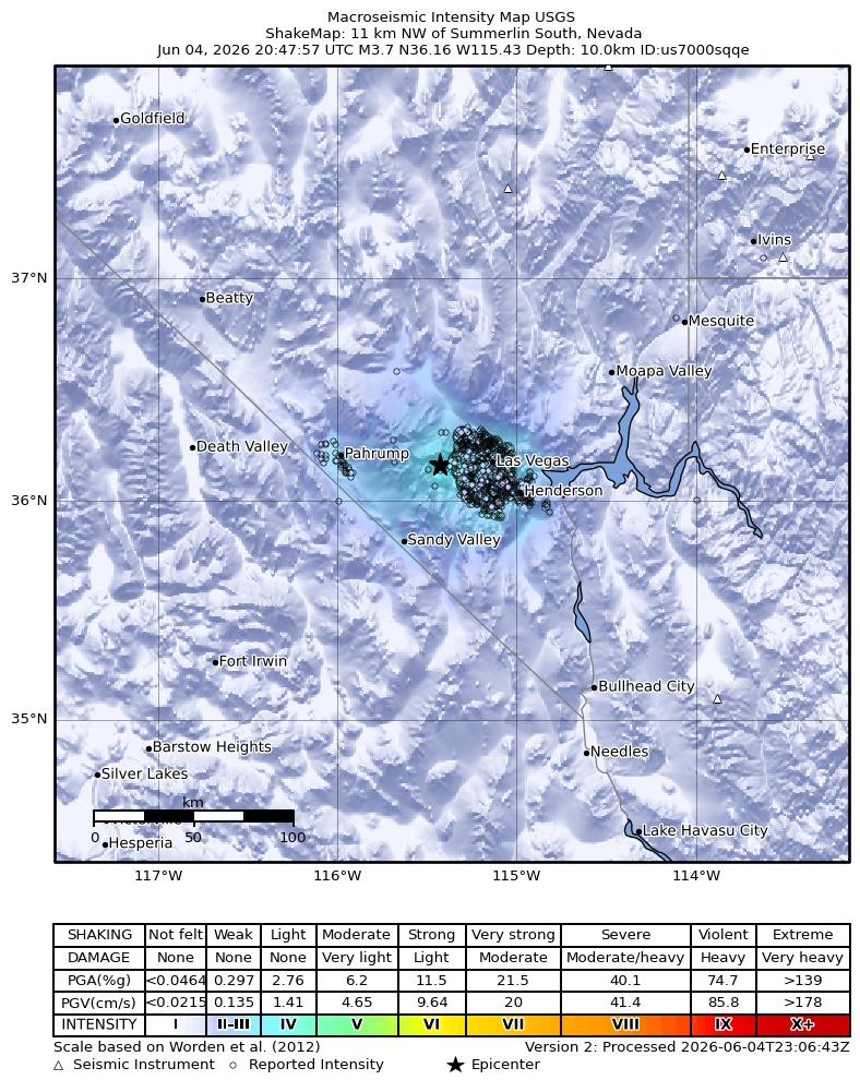 USGS ShakeMap intensity contours for the M3.8 earthquake near 11 km NW of Summerlin South, Nevada