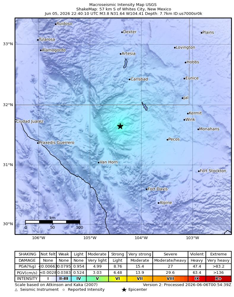 USGS ShakeMap intensity contours for the M3.8 earthquake near 57 km S of Whites City, New Mexico