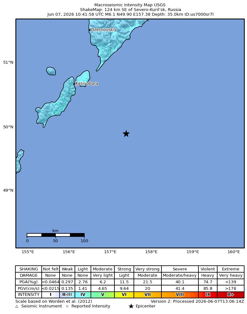 USGS ShakeMap intensity contours for the M6.1 earthquake near 124 km SE of Severo-Kuril’sk, Russia