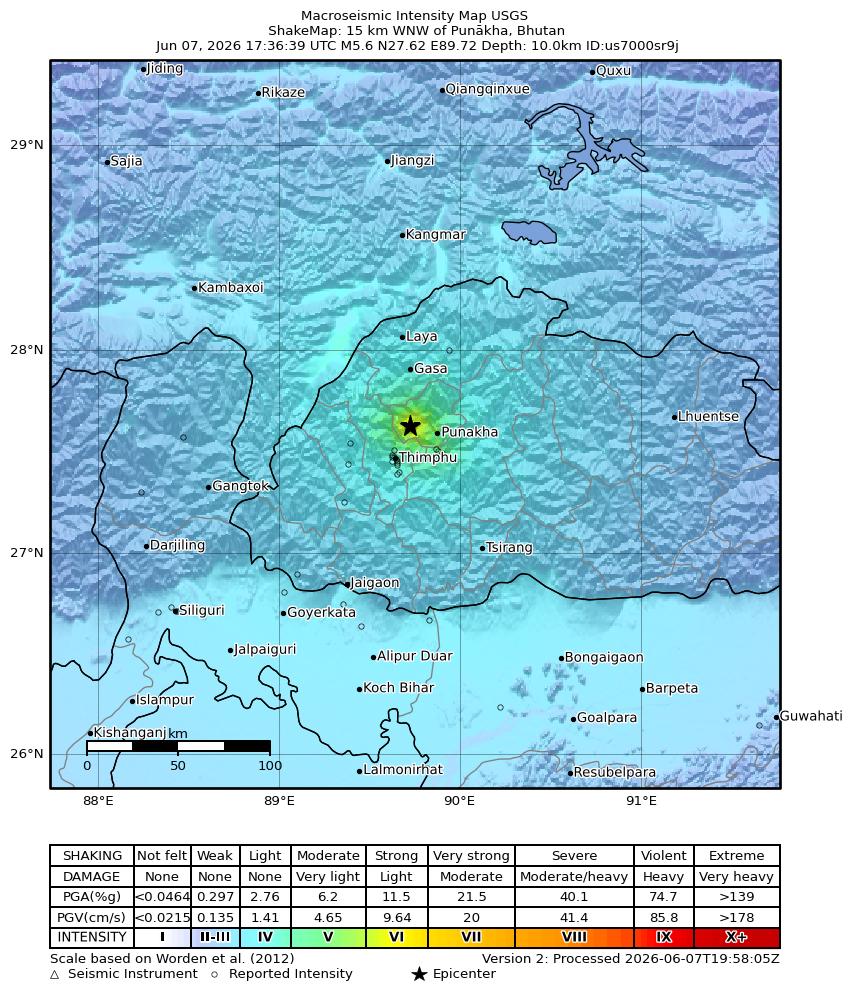 USGS ShakeMap intensity contours for the M5.6 earthquake near 15 km WNW of Punākha, Bhutan