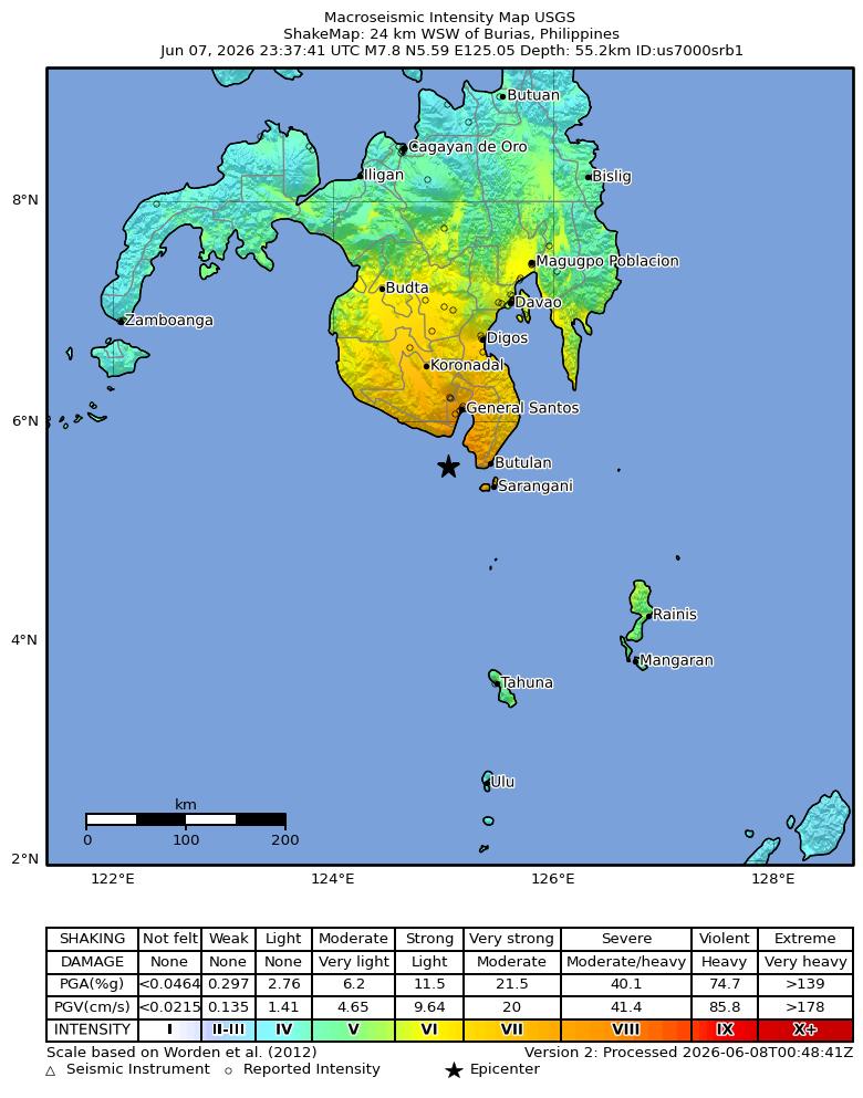 USGS ShakeMap intensity contours for the M7.8 earthquake near 26 km SW of Kablalan, Philippines