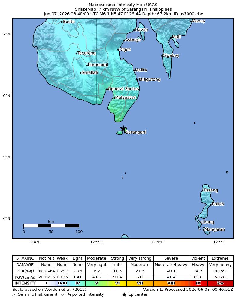 USGS ShakeMap intensity contours for the M6.1 earthquake near 7 km NNW of Sarangani, Philippines