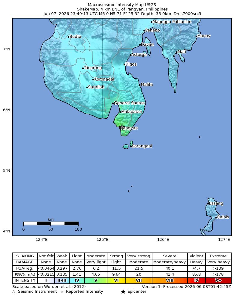 USGS ShakeMap intensity contours for the M6.0 earthquake near 4 km ENE of Pangyan, Philippines