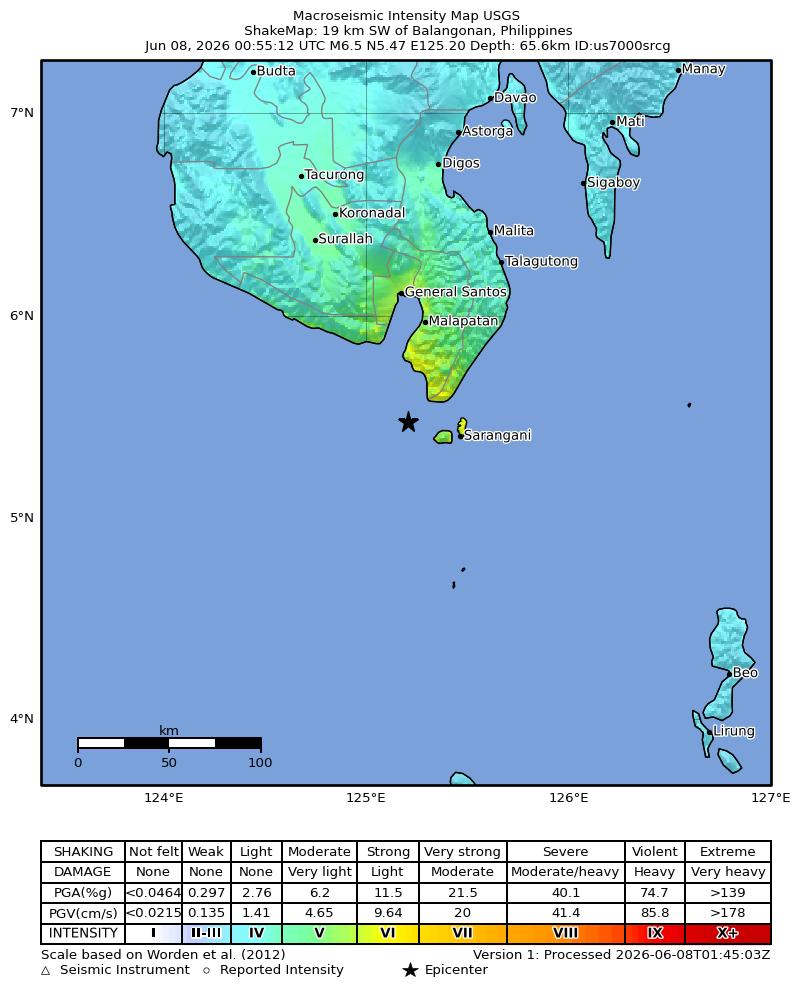 USGS ShakeMap intensity contours for the M6.5 earthquake near 19 km SW of Balangonan, Philippines