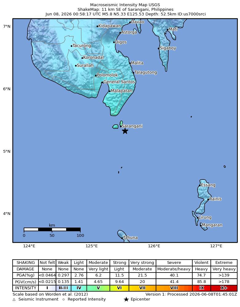USGS ShakeMap intensity contours for the M5.8 earthquake near 11 km SE of Sarangani, Philippines
