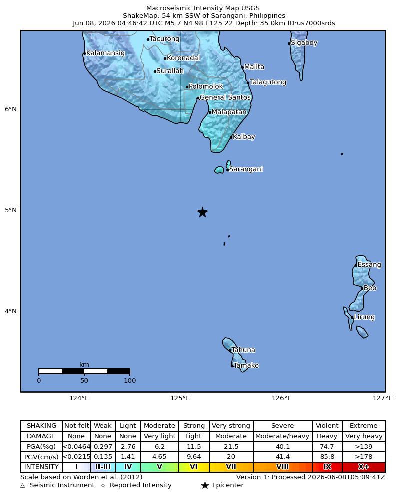 USGS ShakeMap intensity contours for the M5.7 earthquake near 54 km SSW of Sarangani, Philippines