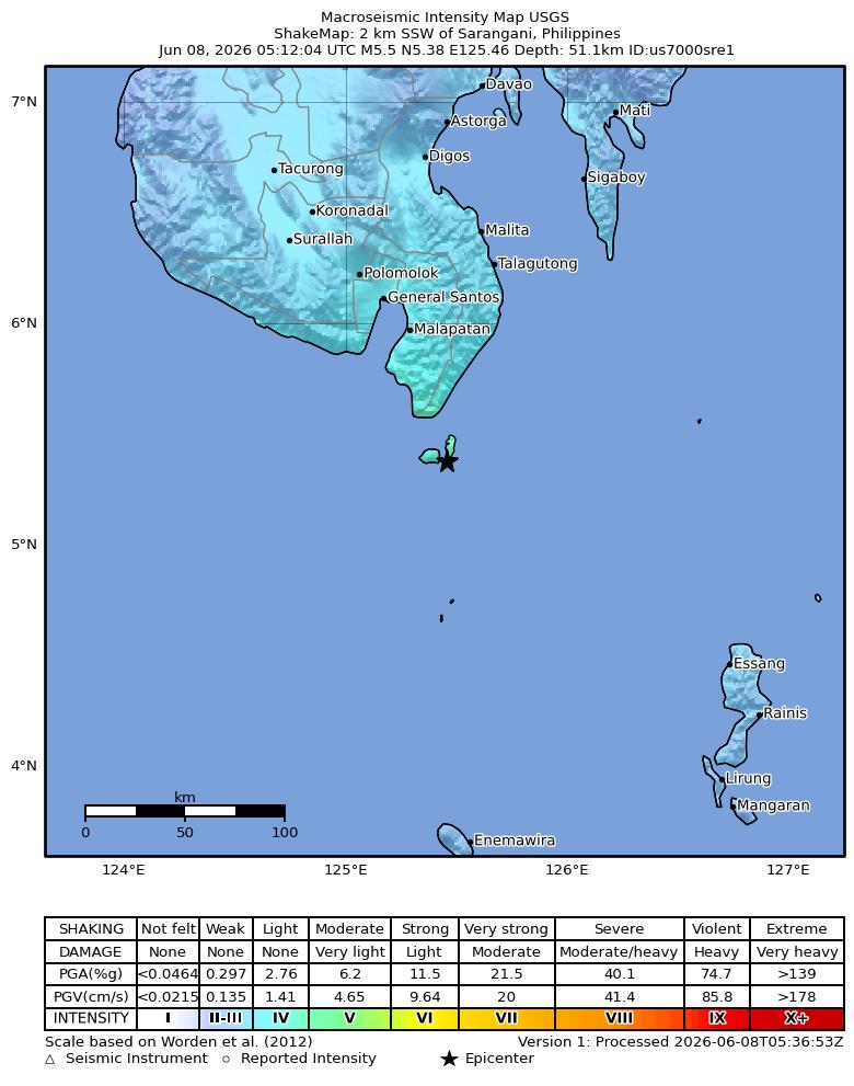 USGS ShakeMap intensity contours for the M5.5 earthquake near 2 km SSW of Sarangani, Philippines