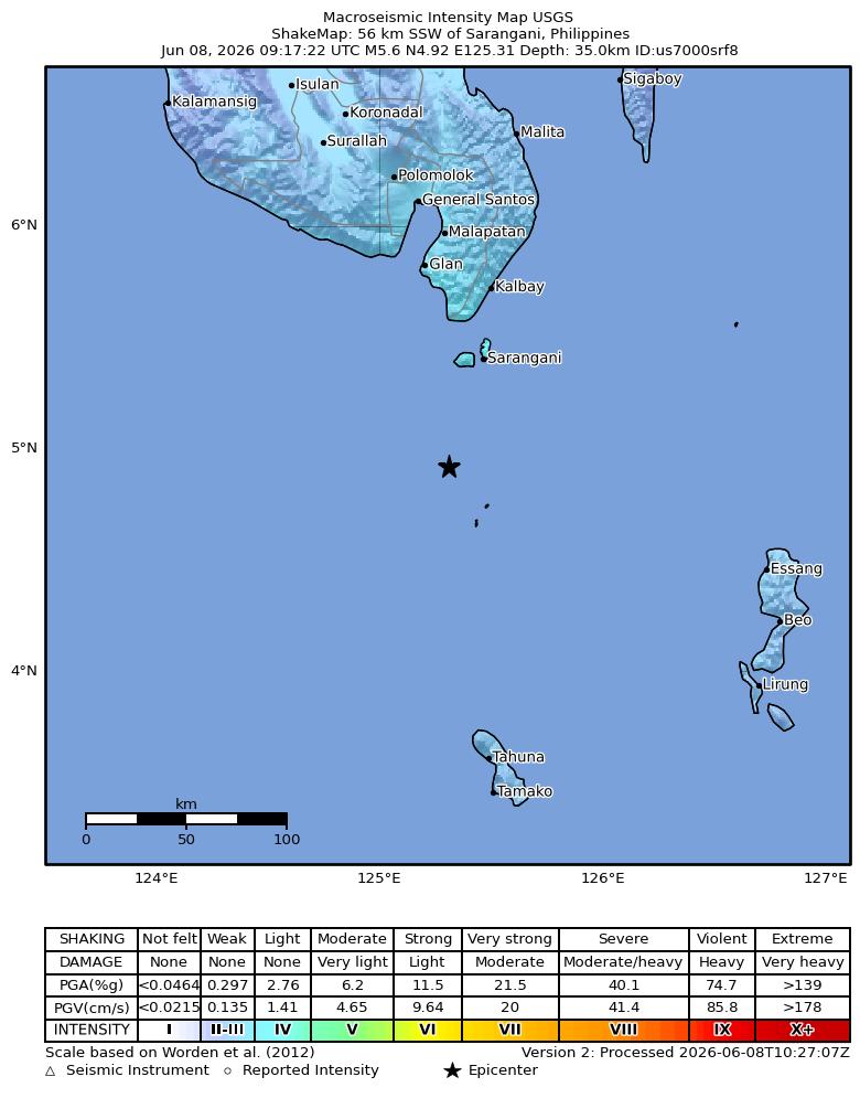 USGS ShakeMap intensity contours for the M5.6 earthquake near 56 km SSW of Sarangani, Philippines