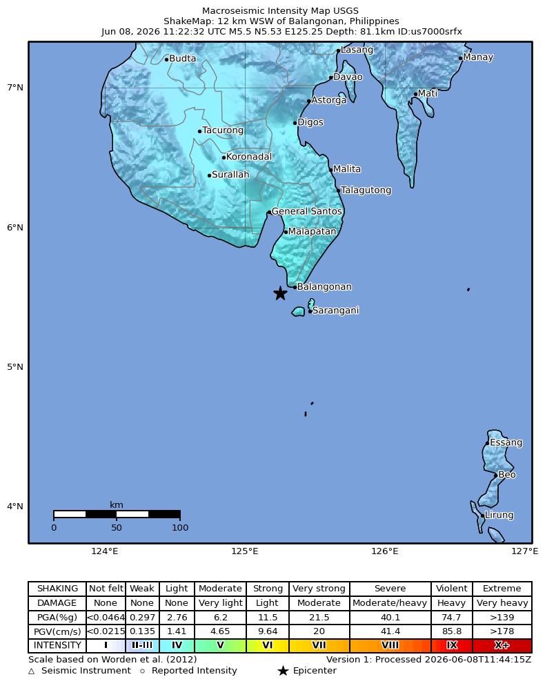 USGS ShakeMap intensity contours for the M5.5 earthquake near 12 km WSW of Balangonan, Philippines