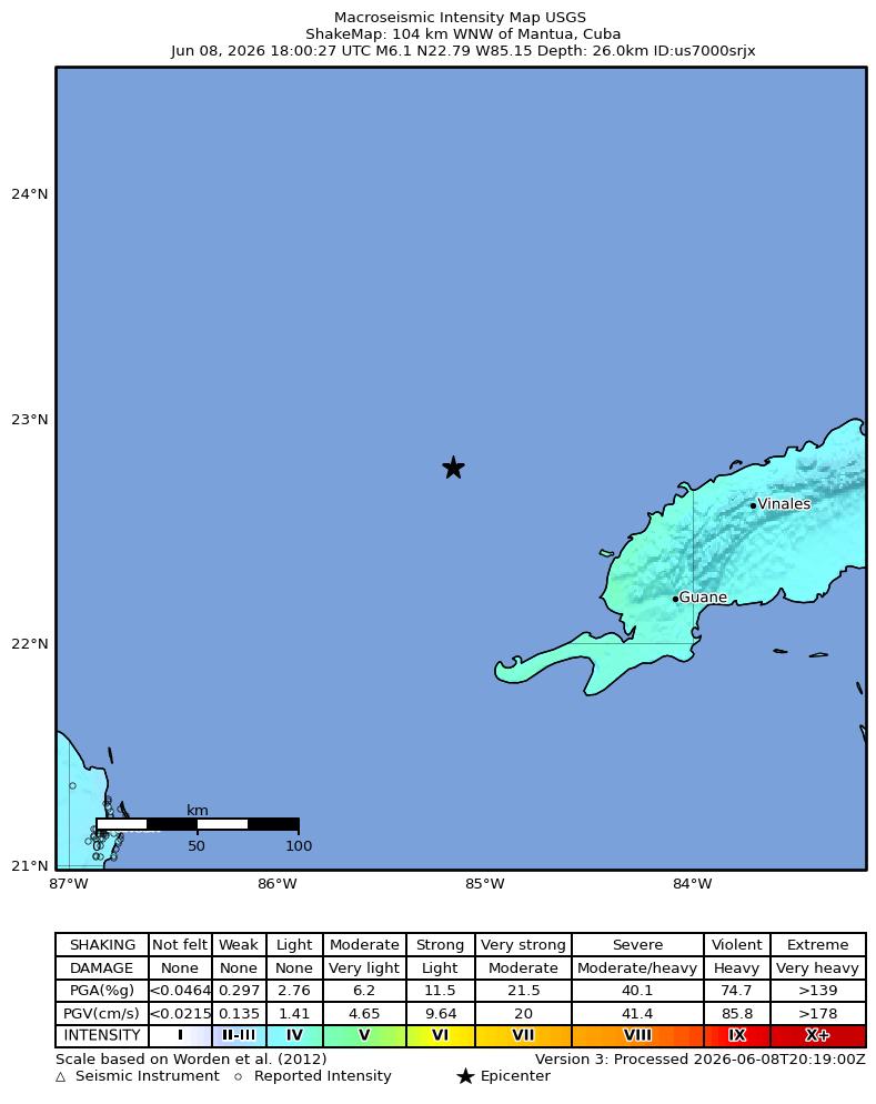 USGS ShakeMap intensity contours for the M6.1 earthquake near 104 km WNW of Mantua, Cuba