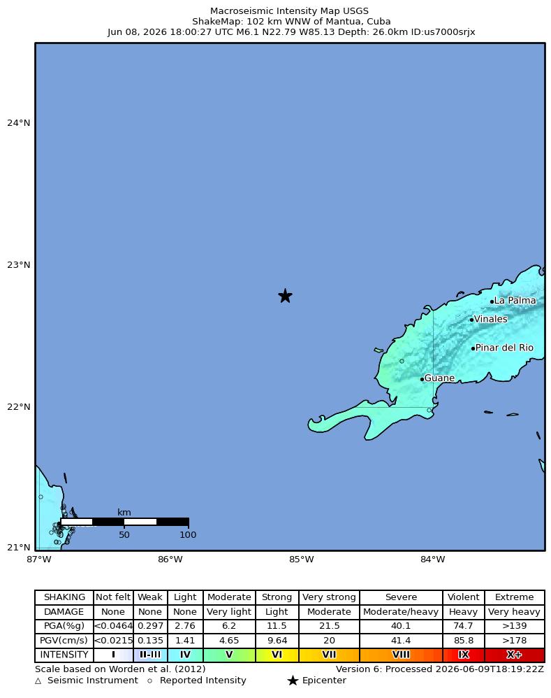 USGS ShakeMap intensity contours for the M6.1 earthquake near 102 km WNW of Mantua, Cuba