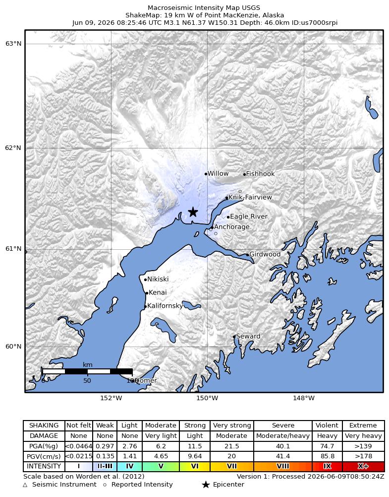 USGS ShakeMap intensity contours for the M3.3 earthquake near 19 km W of Point MacKenzie, Alaska
