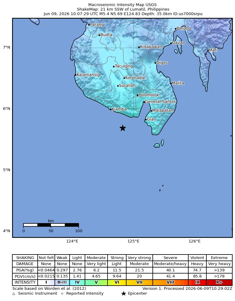 USGS ShakeMap intensity contours for the M5.4 earthquake near 21 km SSW of Lumatil, Philippines