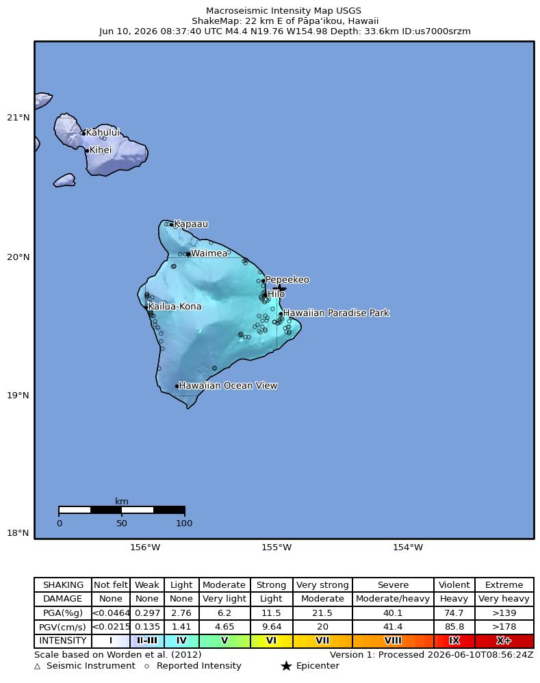 USGS ShakeMap intensity contours for the M4.7 earthquake near 23 km E of Pāpa‘ikou, Hawaii